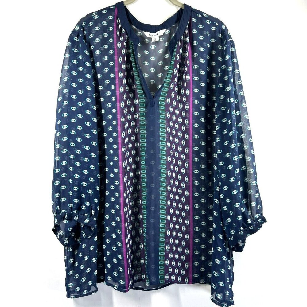 Old Navy Women's Blouse 2XL‎ Pink Blue Sheer 3/4 Gathered Sleeves Pullover Boho
